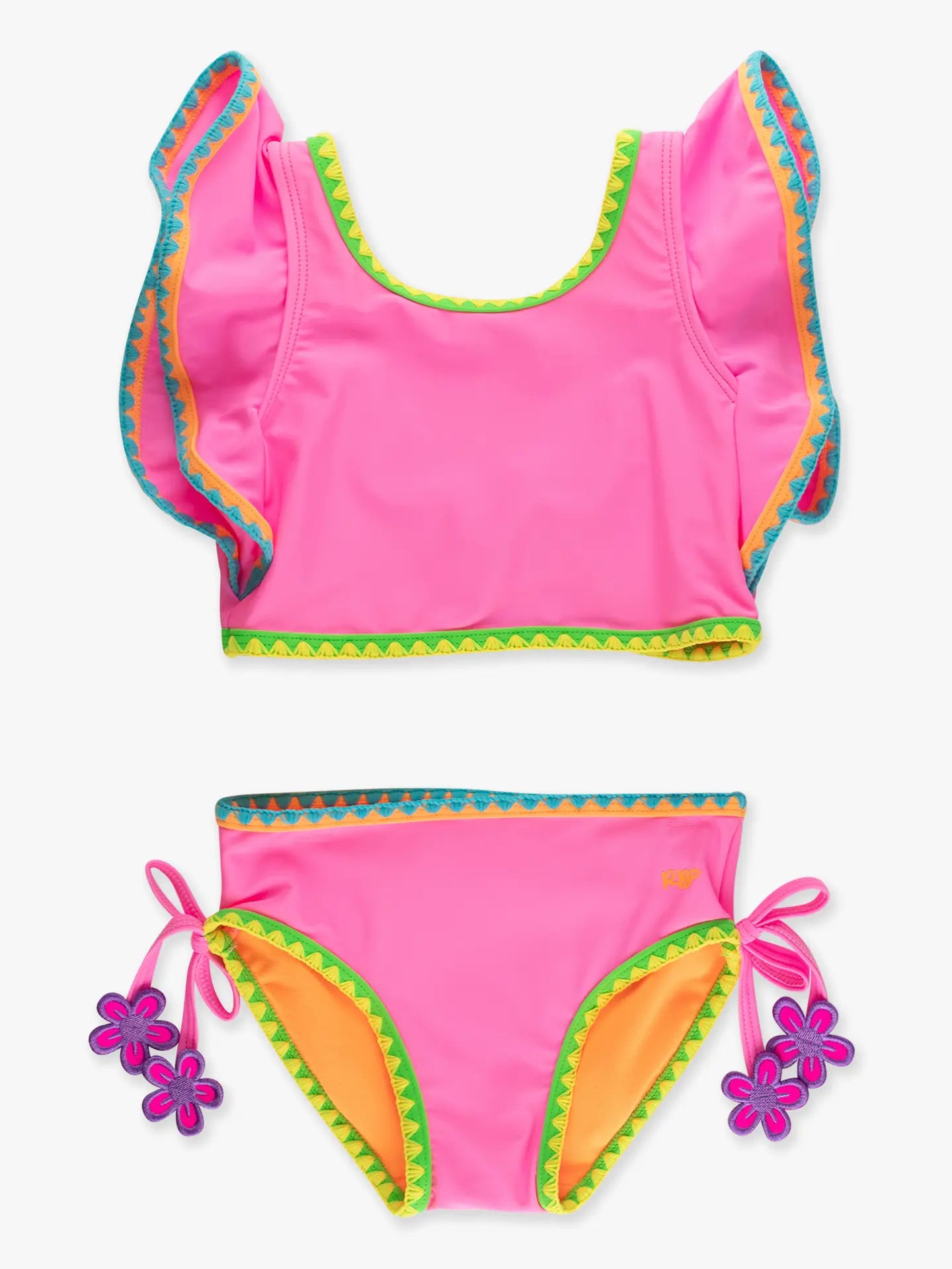 Girls Crochet Trim Tankini - Neon Pink