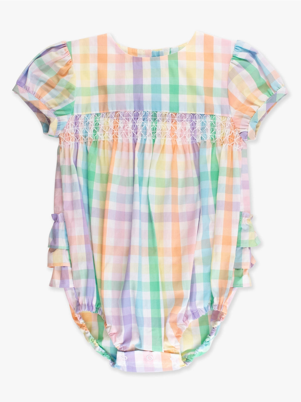 Puff Sleeve Romper - Rainbow Plaid