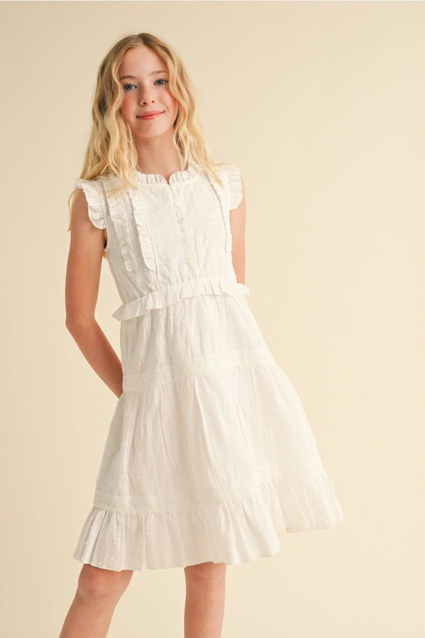 Tween Ruffle Neck Dress - White