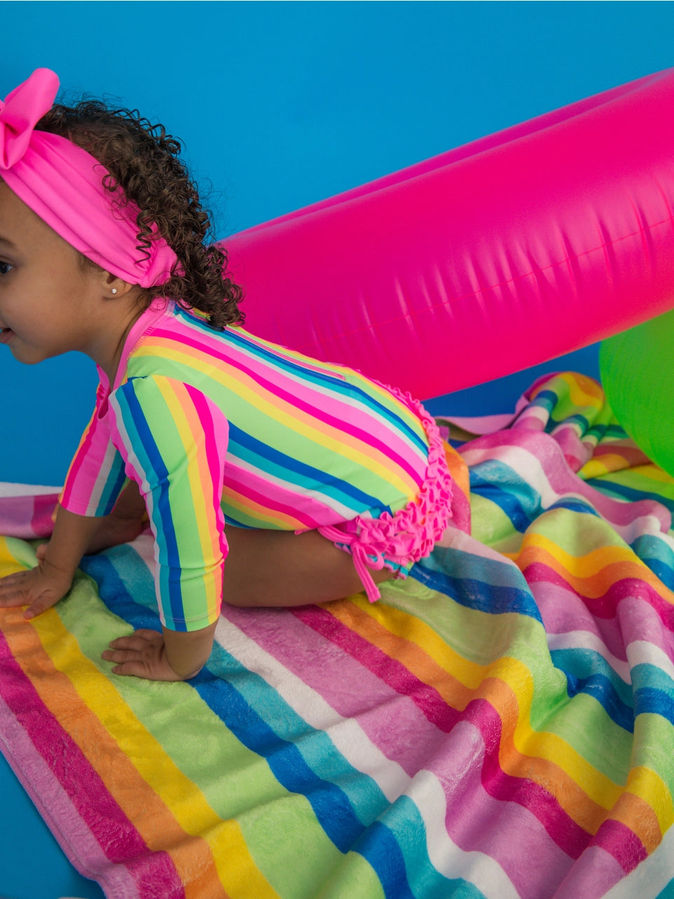Baby Long Sleeve Swimsuit - Neon Rainbow Stripe