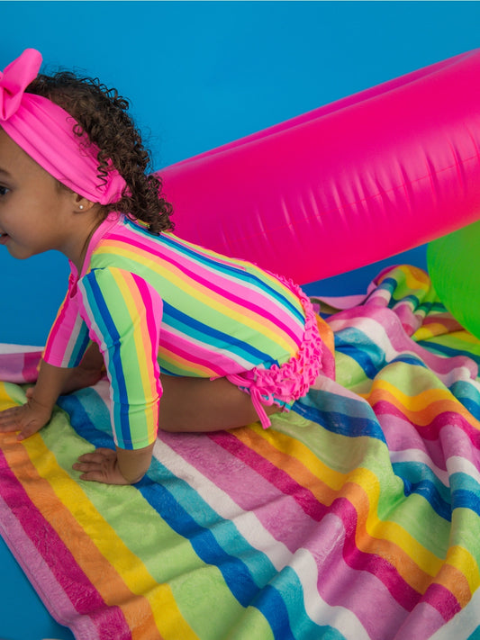 Baby Long Sleeve Swimsuit - Neon Rainbow Stripe