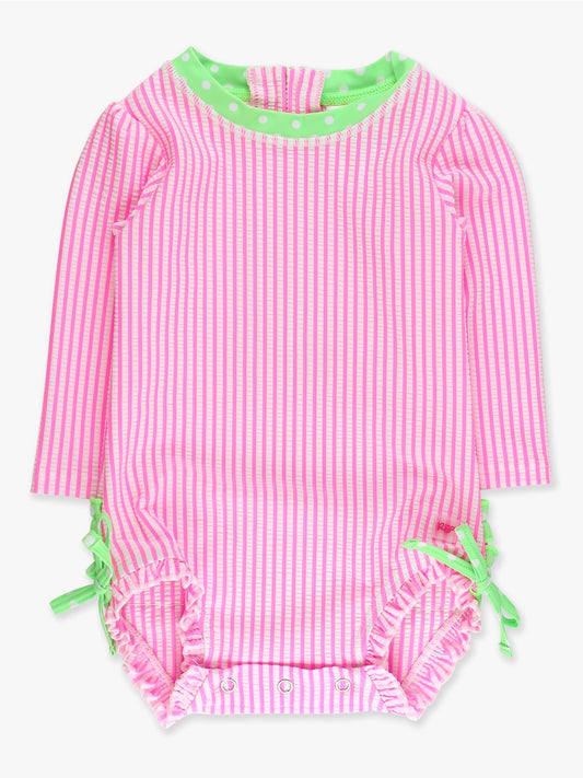 Baby Long Sleeve Swimsuit - Neon Pink Seersucker