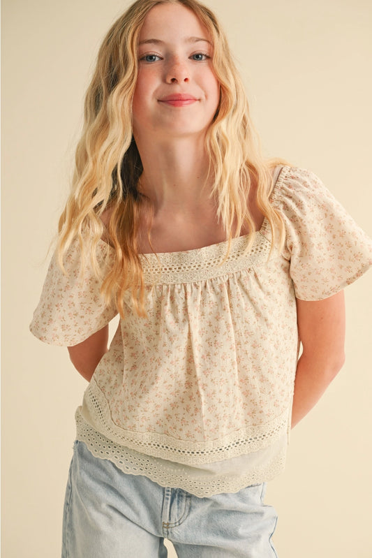 Tween Square Neck Blouse - Cream Floral