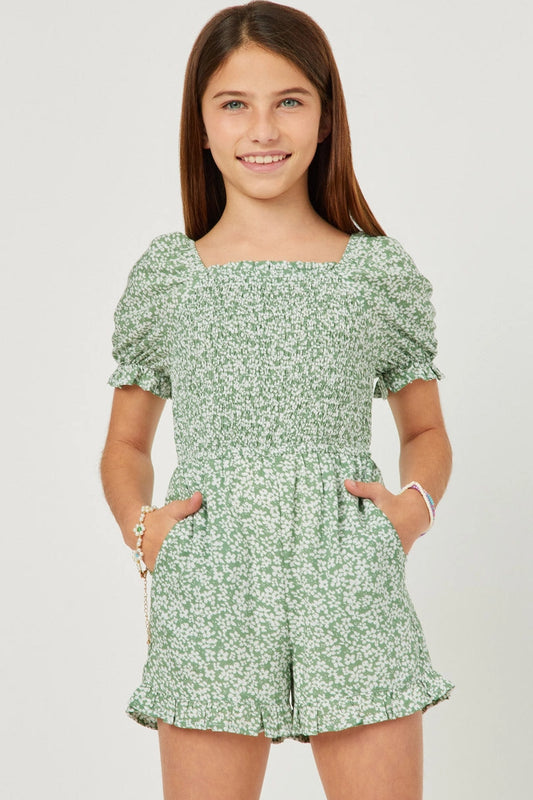 Tween Puff Sleeve Romper - Sage Floral