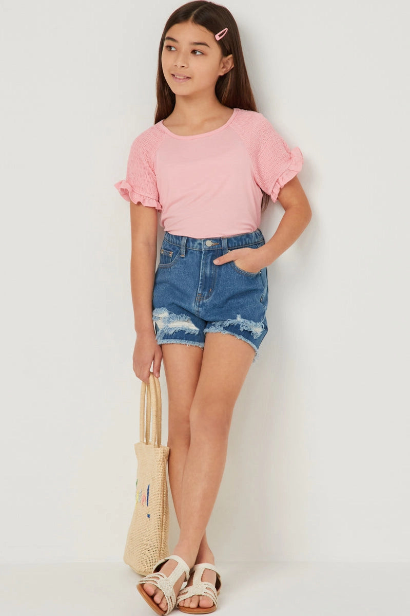 Tween Smocked Sleeve Top - Pink
