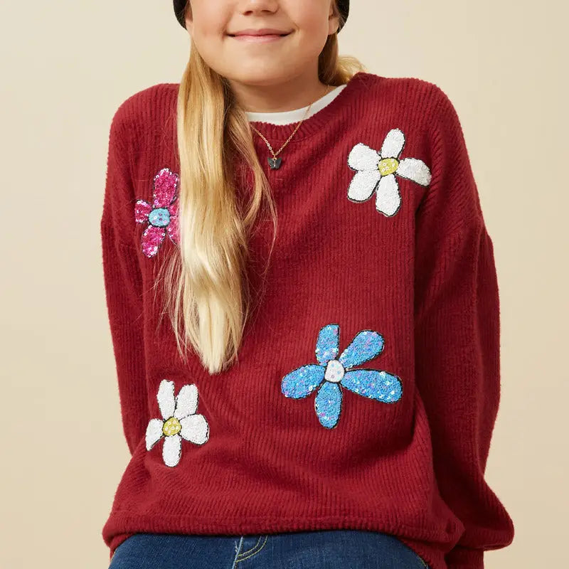 Tween Sequin Daisy Top - Burgundy
