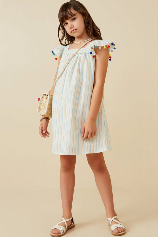 Tween Pom Trim Dress - Stripes
