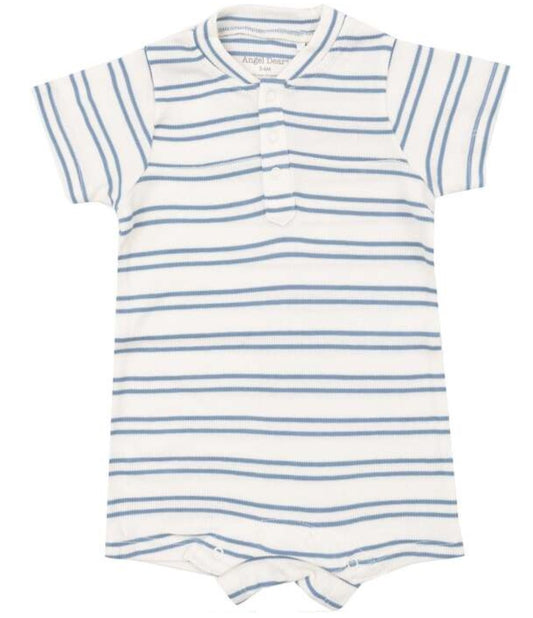 Rib Knit Henley Romper - Blue Stripe