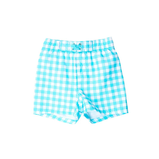 Boy's Swim Trunks - Bright Aqua Gingham