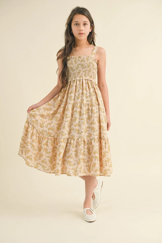 Tween Smocked Midi Dress -Blush Floral