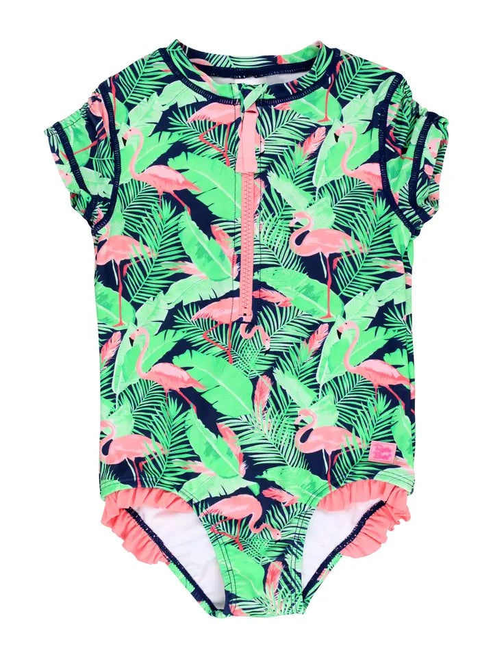 Short Sleeve One Piece Swimsuit - Flamingo Frenzy