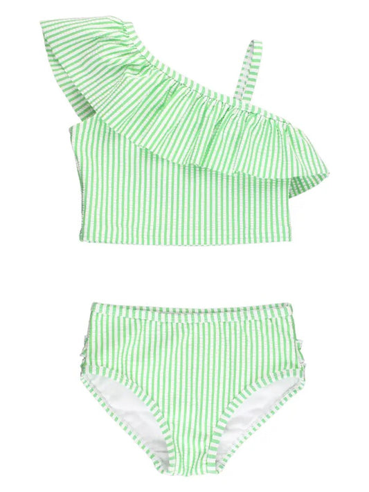 One Shoulder Tankini -Lime Seersucker