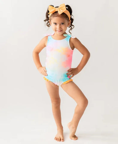 Tie Shoulder Swimsuit - Rainbow Tie Dye