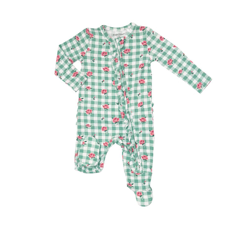 Infant Zipper Footie - Gingham Roses